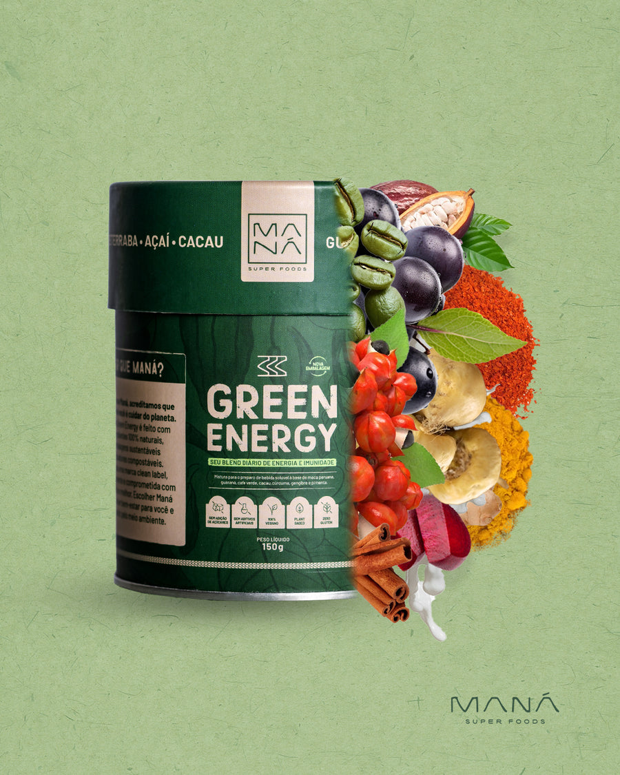 Lata de Green Energy com os ingredientes espalhados em leque