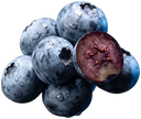 Blueberries, uma delas cortada ao meio