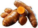 Raízes de cúrcuma, uma delas cortada com o miolo laranja