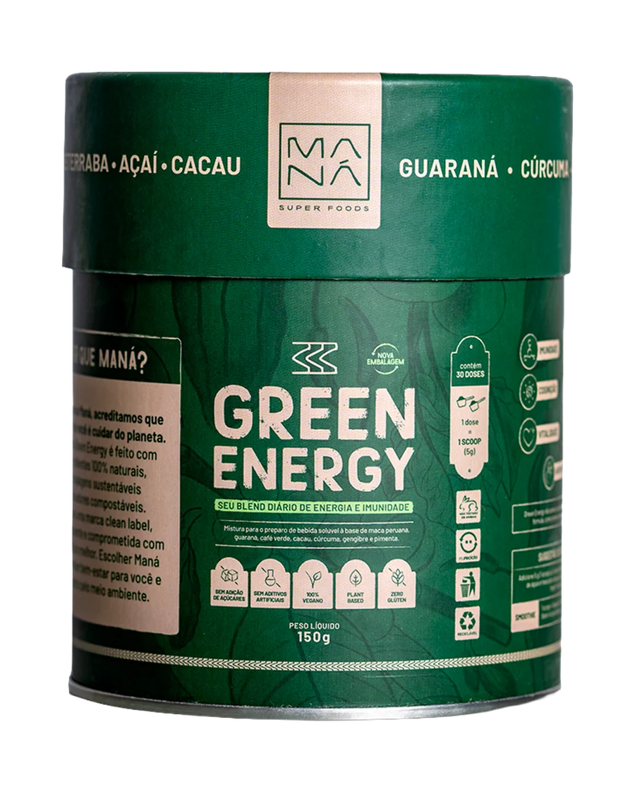 Lata Green Energy de frente, cilíndrica, verde-escura com faixa bege