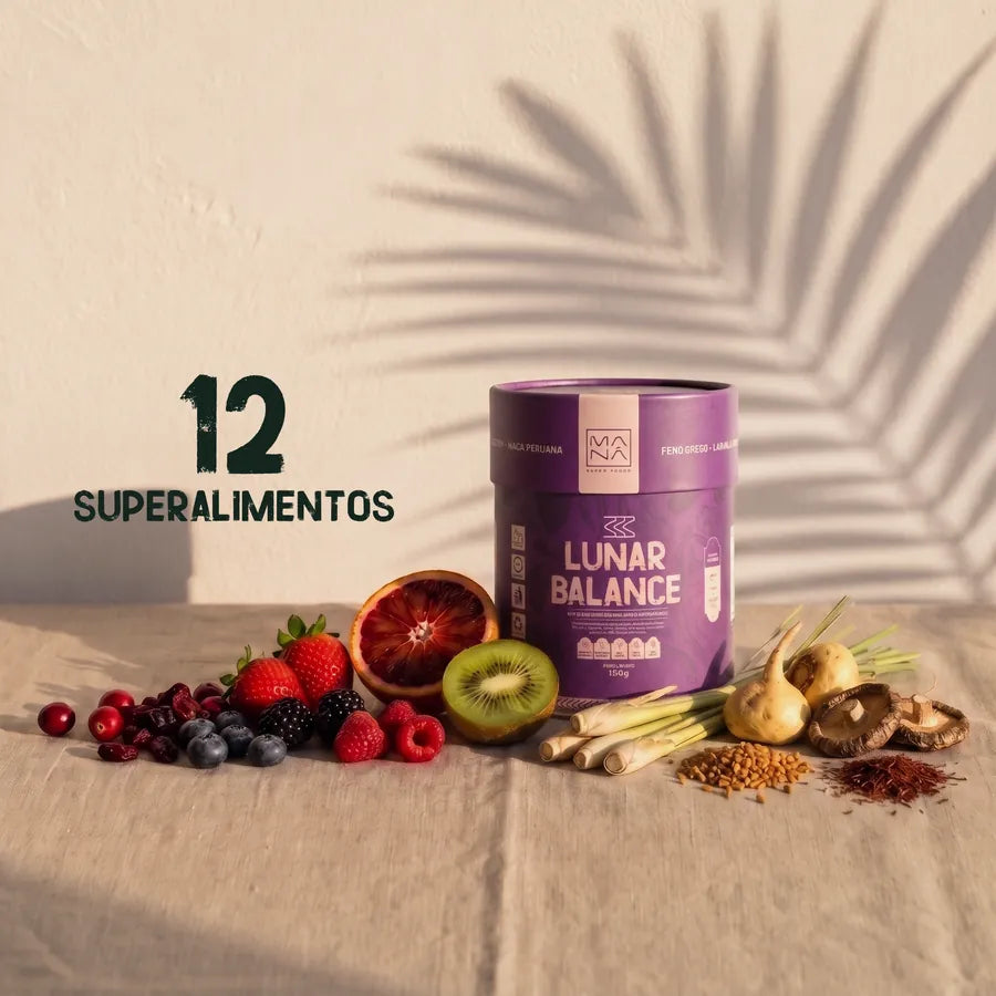 Lata de Lunar Balance cercada pelos 12 superalimentos da fórmula