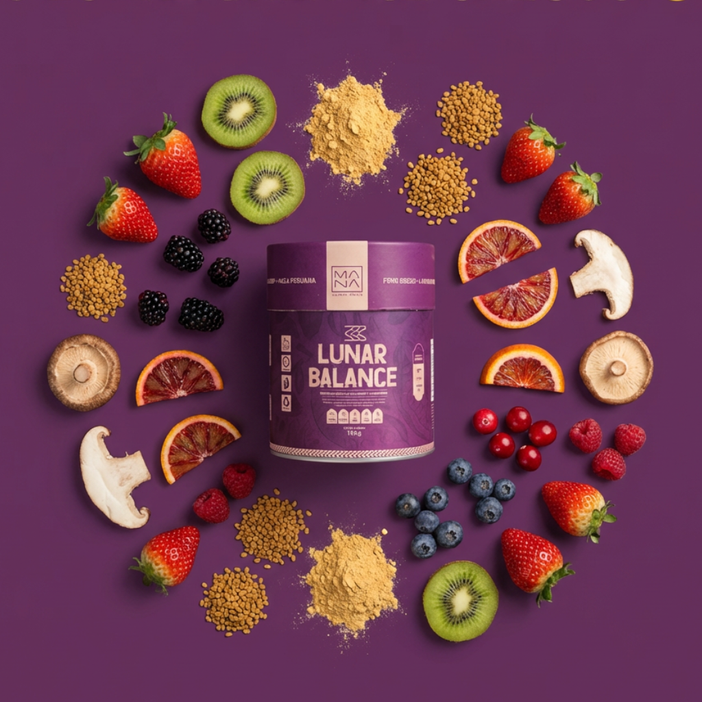 Lata de Lunar Balance no centro, com os ingredientes em volta sobre fundo roxo