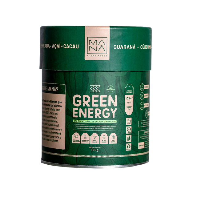 Lata Green Energy de frente, cilíndrica, verde-escura com faixa bege