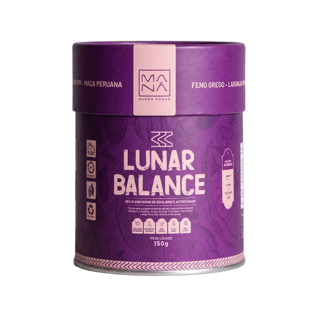 Lata Lunar Balance de frente, cilíndrica, roxa com faixa rosa