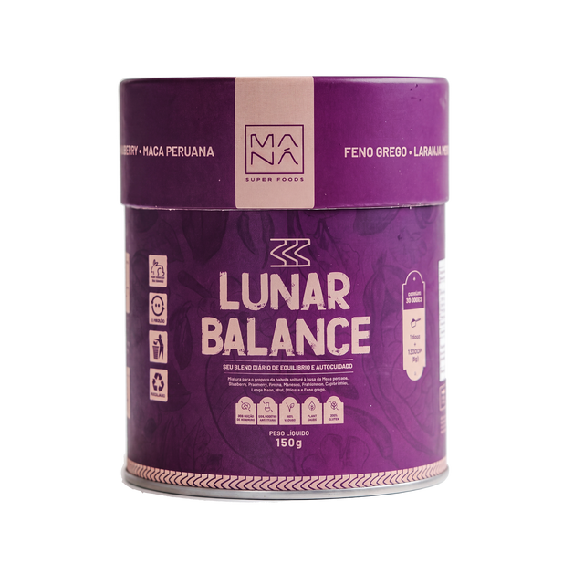 Lata Lunar Balance de frente, cilíndrica, roxa com faixa rosa