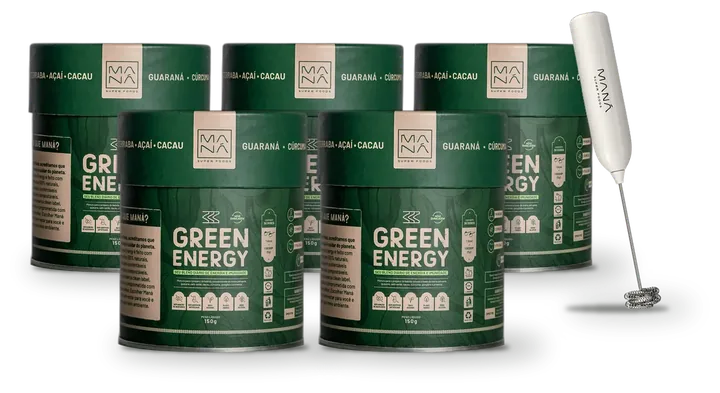 5 latas de Green Energy e o mixer Maná
