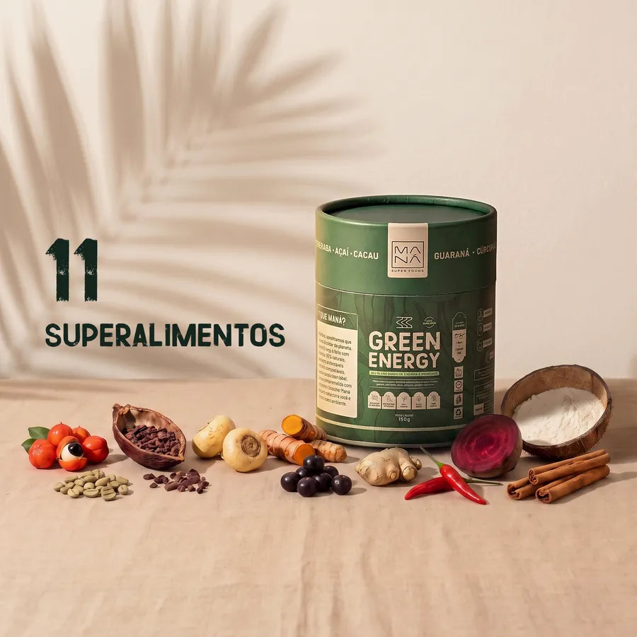 Lata de Green Energy cercada pelos 11 superalimentos da fórmula