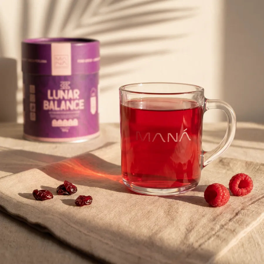 Caneca de vidro da Maná com Lunar Balance pronto, vermelho e translúcido