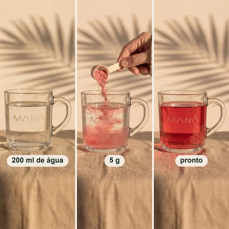 Preparo em três passos: 200 ml de água na caneca, 5 g de Lunar Balance e a bebida pronta, vermelha